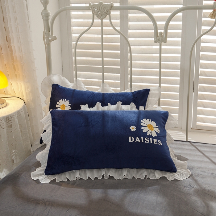 91家纺网 家纺一手货源 找家纺 纽缦 2021新款韩版水晶绒床单四件套法莱水晶牛奶 小雏菊-宝蓝灰