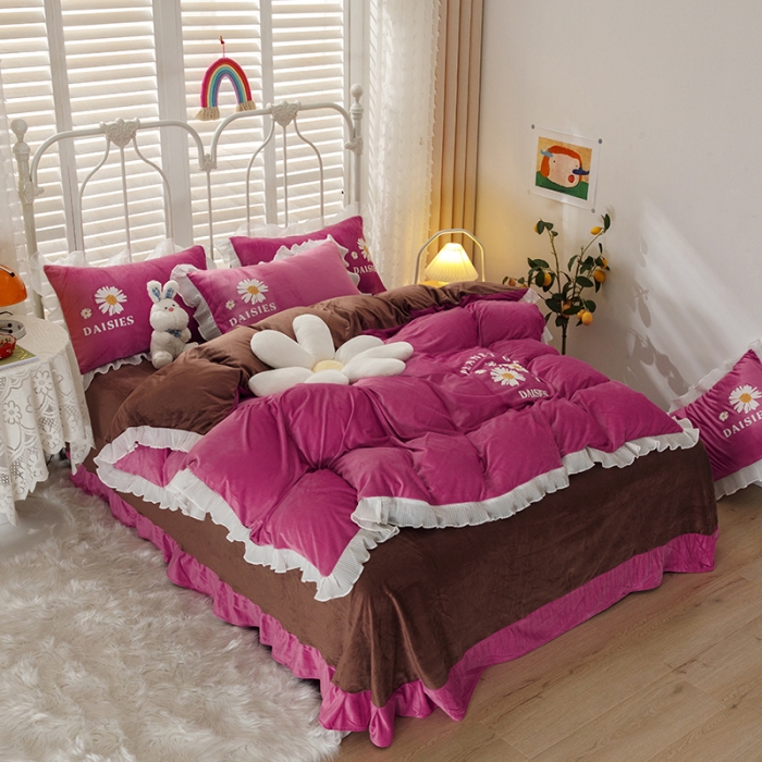 91家纺网 家纺一手货源 找家纺 纽缦 2021新款韩版水晶绒床单四件套法莱水晶牛奶 小雏菊-豆沙咖