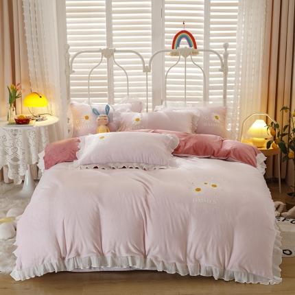 纽缦 2021新款韩版水晶绒床单四件套法莱水晶牛奶 小雏菊-粉豆沙