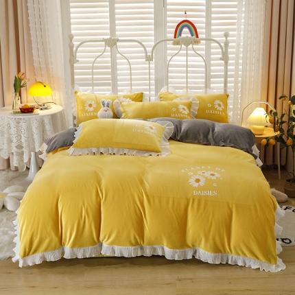 91家纺网 家纺一手货源 找家纺 纽缦 2021新款韩版水晶绒床单四件套法莱水晶牛奶 小雏菊-姜黄灰