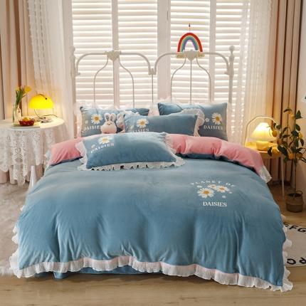纽缦 2021新款韩版水晶绒床单四件套法莱水晶牛奶 小雏菊-蓝灰粉