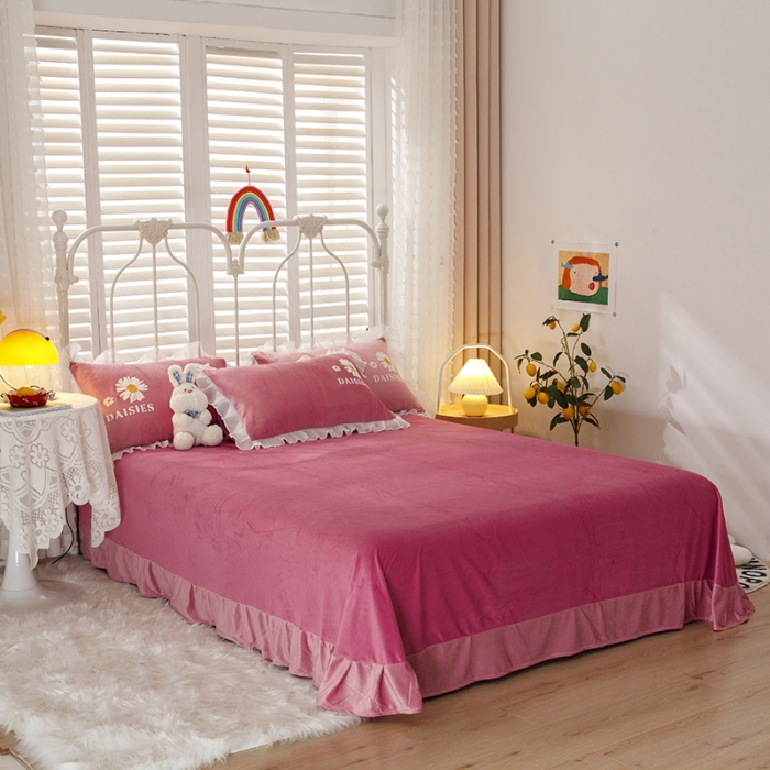 91家纺网 家纺一手货源 找家纺 纽缦 2021新款韩版水晶绒床单四件套法莱水晶牛奶 小雏菊-深浅豆沙