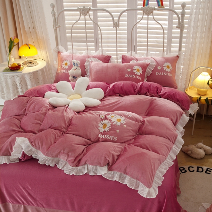 91家纺网 家纺一手货源 找家纺 纽缦 2021新款韩版水晶绒床单四件套法莱水晶牛奶 小雏菊-深浅豆沙