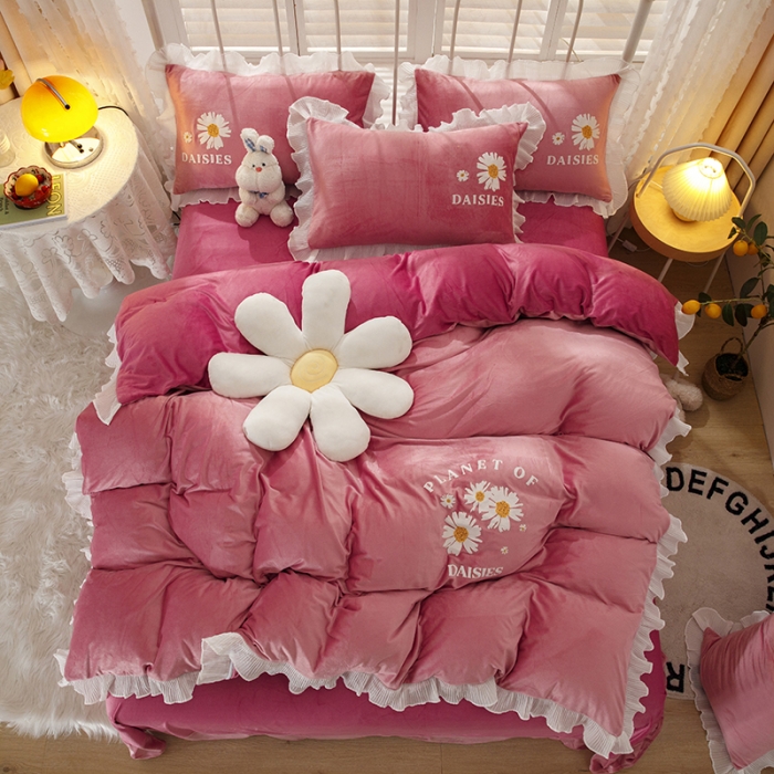 91家纺网 家纺一手货源 找家纺 纽缦 2021新款韩版水晶绒床单四件套法莱水晶牛奶 小雏菊-深浅豆沙