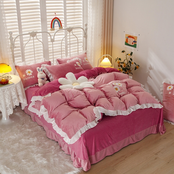 91家纺网 家纺一手货源 找家纺 纽缦 2021新款韩版水晶绒床单四件套法莱水晶牛奶 小雏菊-深浅豆沙