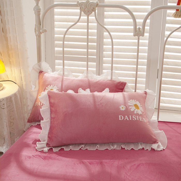 91家纺网 家纺一手货源 找家纺 纽缦 2021新款韩版水晶绒床单四件套法莱水晶牛奶 小雏菊-深浅豆沙