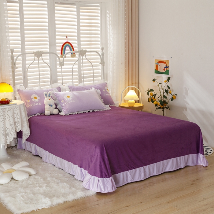 91家纺网 家纺一手货源 找家纺 纽缦 2021新款韩版水晶绒床单四件套法莱水晶牛奶 小雏菊-深浅紫