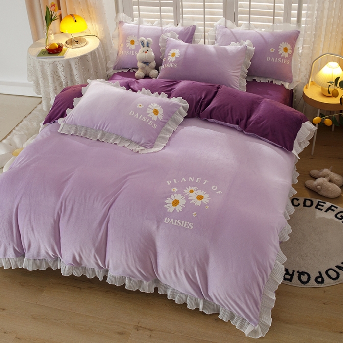 91家纺网 家纺一手货源 找家纺 纽缦 2021新款韩版水晶绒床单四件套法莱水晶牛奶 小雏菊-深浅紫