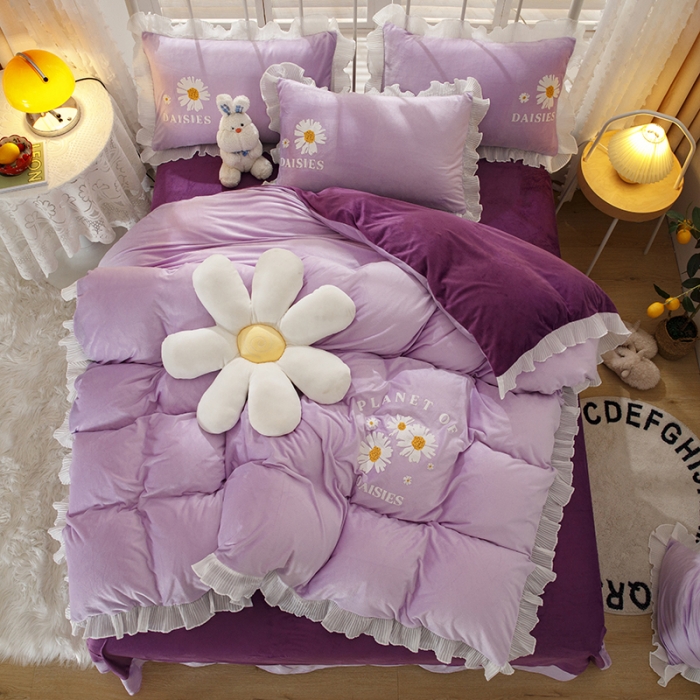 91家纺网 家纺一手货源 找家纺 纽缦 2021新款韩版水晶绒床单四件套法莱水晶牛奶 小雏菊-深浅紫