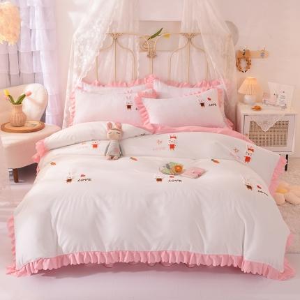 91家纺网 家纺一手货源 找家纺 梦之岛2021新款萌萌兔韩版磨毛蕾丝四件套萌萌兔白