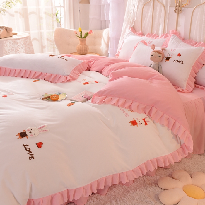 91家纺网 家纺一手货源 找家纺 梦之岛2021新款萌萌兔韩版磨毛蕾丝四件套萌萌兔白