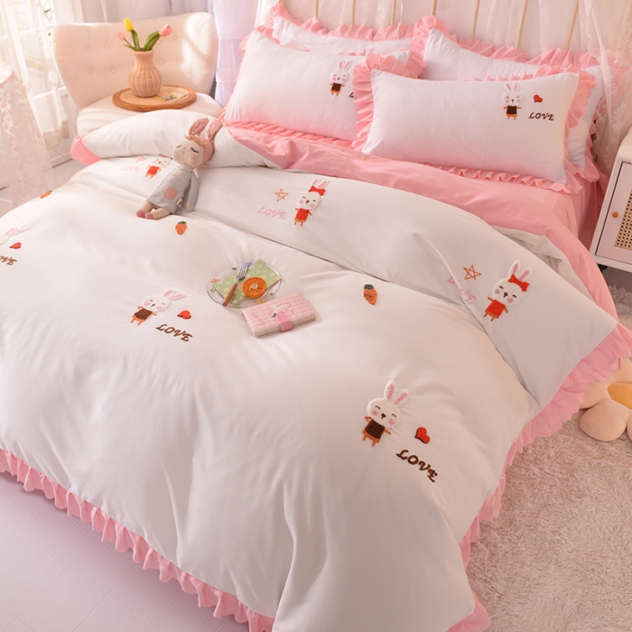 91家纺网 家纺一手货源 找家纺 梦之岛2021新款萌萌兔韩版磨毛蕾丝四件套萌萌兔白