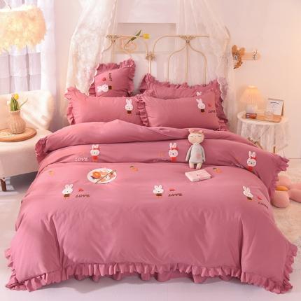 91家纺网 家纺一手货源 找家纺 梦之岛2021新款萌萌兔韩版磨毛蕾丝四件套萌萌兔豆沙