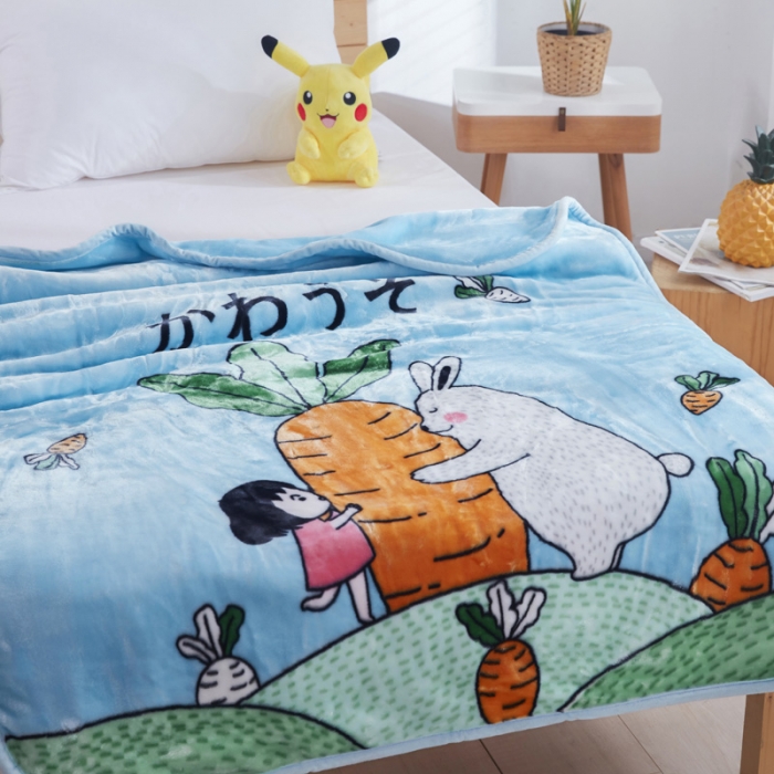 91家纺网 家纺一手货源 找家纺 凯轩毛毛毯毯子 儿童云毛毯毯子系列不二家 胡萝卜-蓝