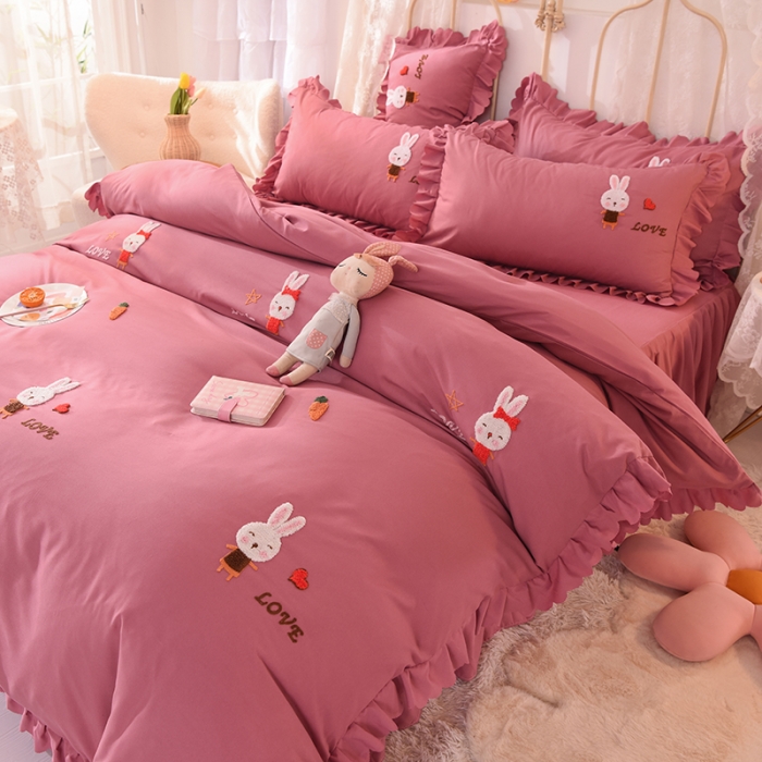 91家纺网 家纺一手货源 找家纺 梦之岛2021新款萌萌兔韩版磨毛蕾丝四件套萌萌兔豆沙