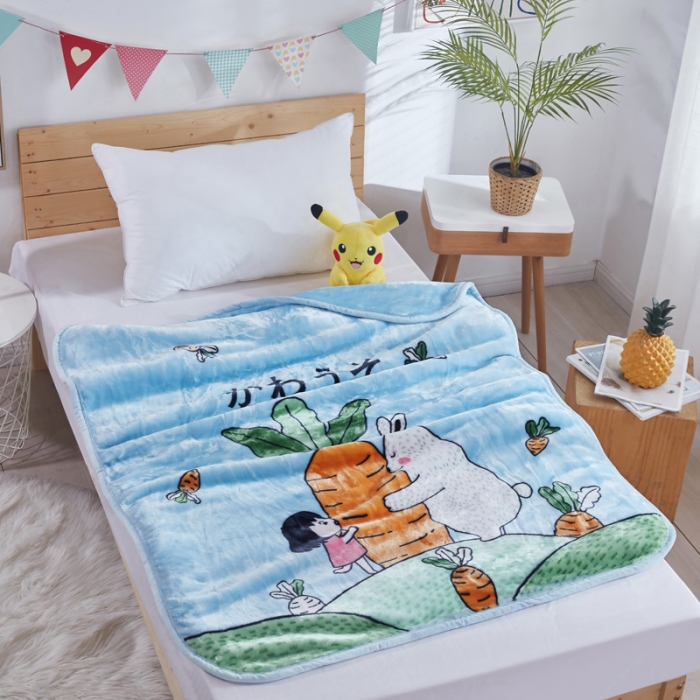 91家纺网 家纺一手货源 找家纺 凯轩毛毛毯毯子 儿童云毛毯毯子系列不二家 胡萝卜-蓝