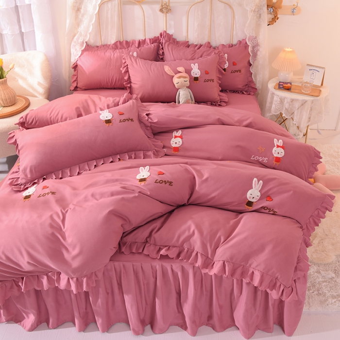 91家纺网 家纺一手货源 找家纺 梦之岛2021新款萌萌兔韩版磨毛蕾丝四件套萌萌兔豆沙