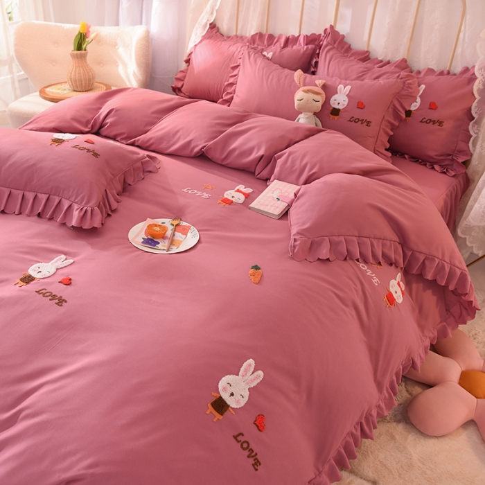 91家纺网 家纺一手货源 找家纺 梦之岛2021新款萌萌兔韩版磨毛蕾丝四件套萌萌兔豆沙