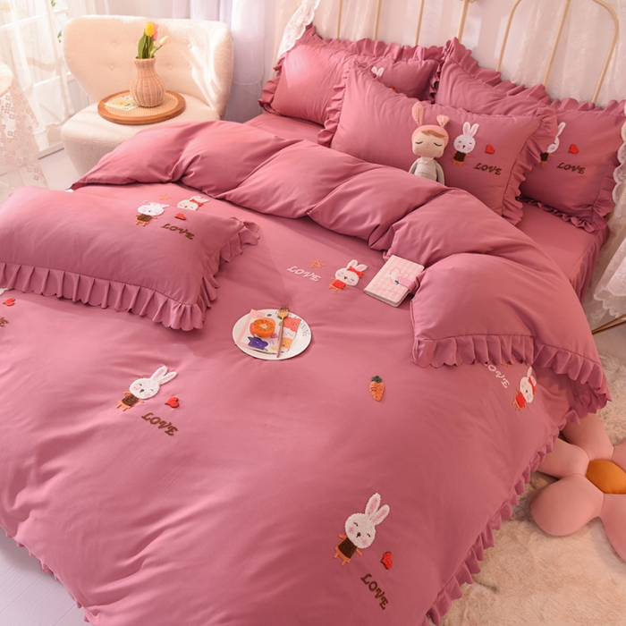 91家纺网 家纺一手货源 找家纺 梦之岛2021新款萌萌兔韩版磨毛蕾丝四件套萌萌兔豆沙