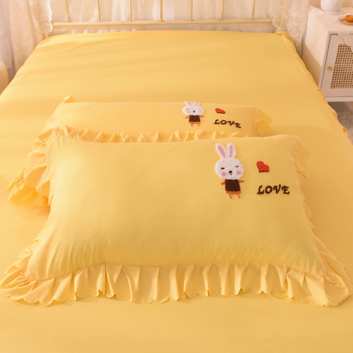 91家纺网 家纺一手货源 找家纺 梦之岛2021新款萌萌兔韩版磨毛蕾丝四件套萌萌兔黄