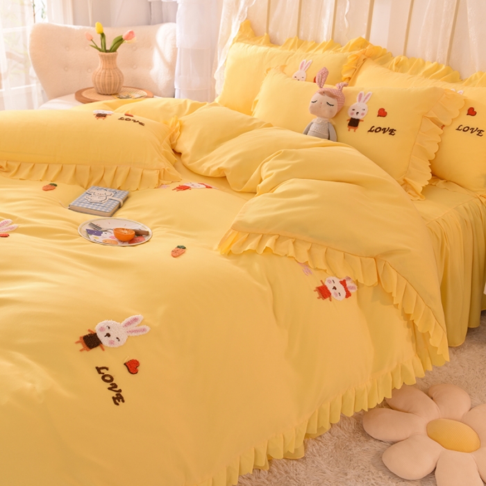 91家纺网 家纺一手货源 找家纺 梦之岛2021新款萌萌兔韩版磨毛蕾丝四件套萌萌兔黄