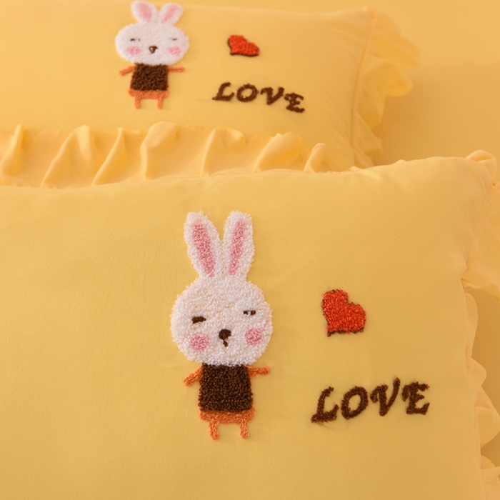 91家纺网 家纺一手货源 找家纺 梦之岛2021新款萌萌兔韩版磨毛蕾丝四件套萌萌兔黄