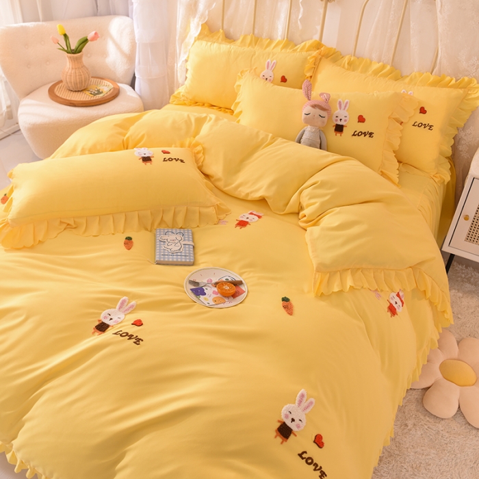 91家纺网 家纺一手货源 找家纺 梦之岛2021新款萌萌兔韩版磨毛蕾丝四件套萌萌兔黄