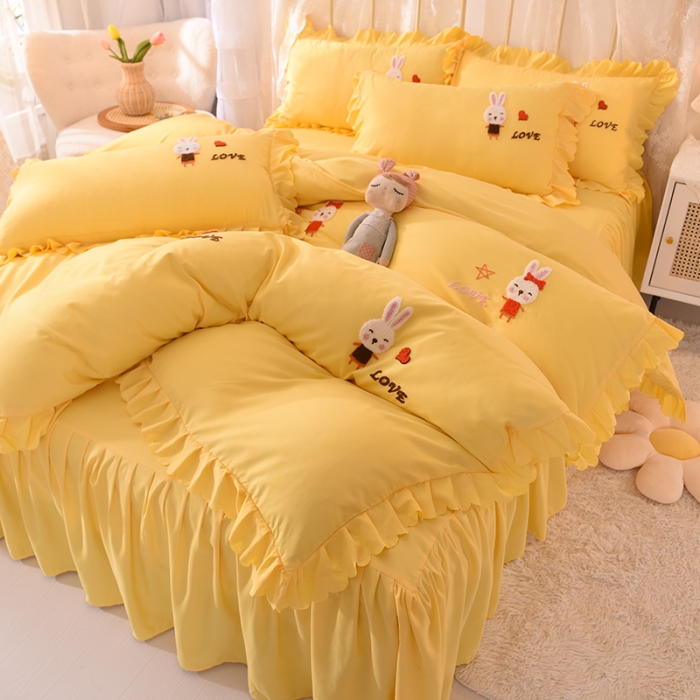 91家纺网 家纺一手货源 找家纺 梦之岛2021新款萌萌兔韩版磨毛蕾丝四件套萌萌兔黄