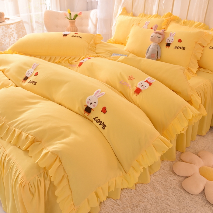 91家纺网 家纺一手货源 找家纺 梦之岛2021新款萌萌兔韩版磨毛蕾丝四件套萌萌兔黄