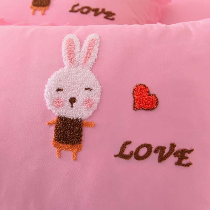 91家纺网 家纺一手货源 找家纺 梦之岛2021新款萌萌兔韩版磨毛蕾丝四件套萌萌兔浅粉