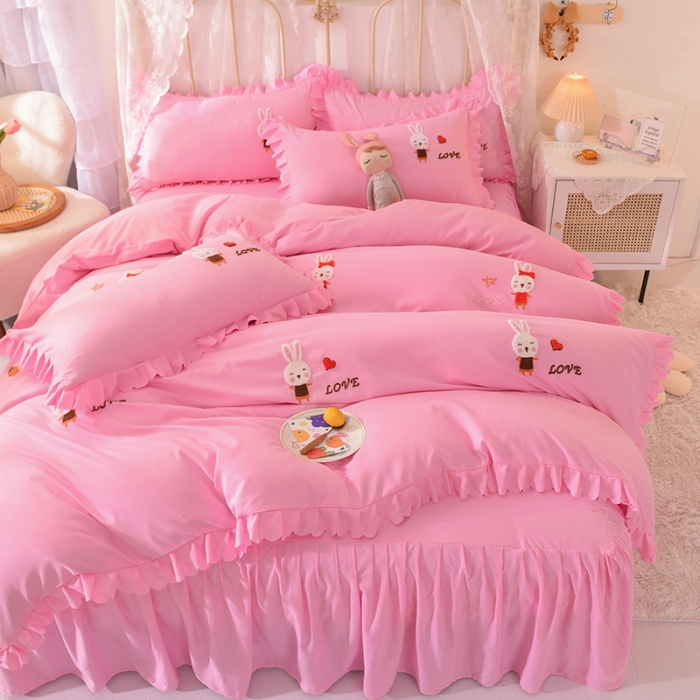 91家纺网 家纺一手货源 找家纺 梦之岛2021新款萌萌兔韩版磨毛蕾丝四件套萌萌兔浅粉