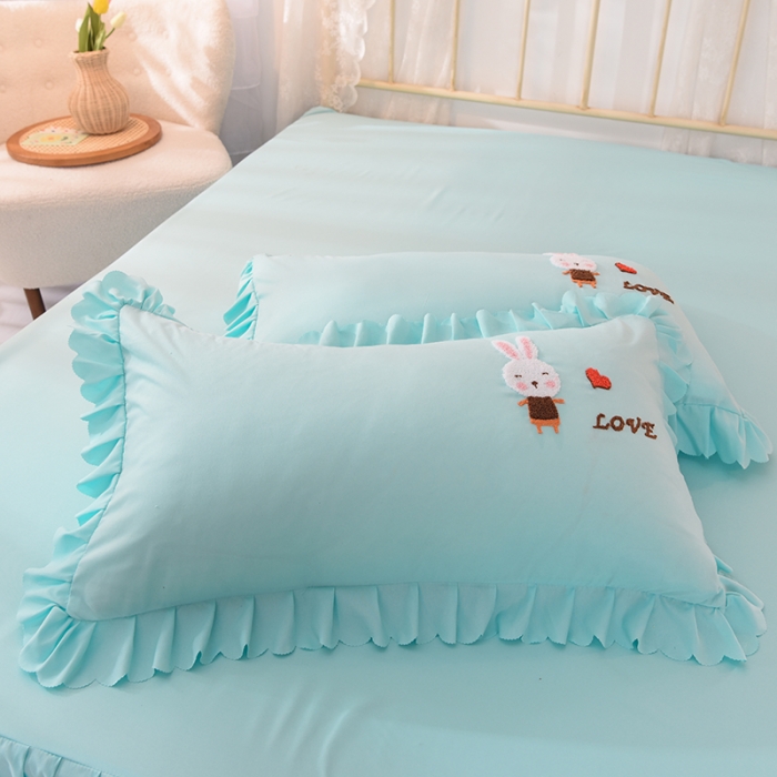 91家纺网 家纺一手货源 找家纺 梦之岛2021新款萌萌兔韩版磨毛蕾丝四件套萌萌兔浅蓝