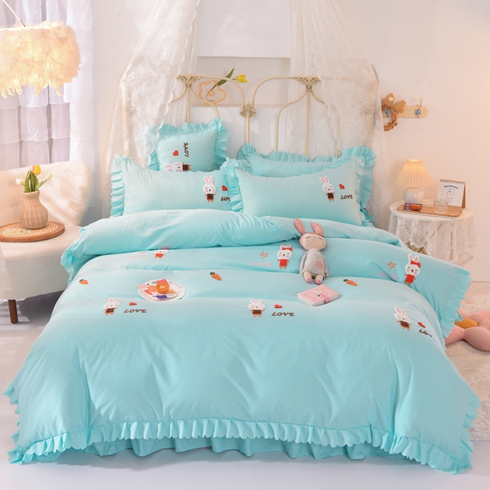 91家纺网 家纺一手货源 找家纺 梦之岛2021新款萌萌兔韩版磨毛蕾丝四件套萌萌兔浅蓝