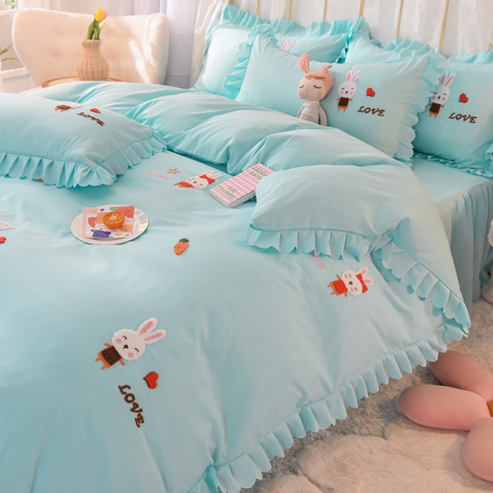 91家纺网 家纺一手货源 找家纺 梦之岛2021新款萌萌兔韩版磨毛蕾丝四件套萌萌兔浅蓝