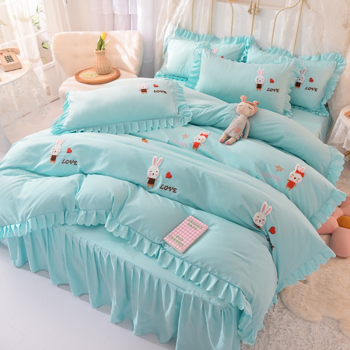 91家纺网 家纺一手货源 找家纺 梦之岛2021新款萌萌兔韩版磨毛蕾丝四件套萌萌兔浅蓝