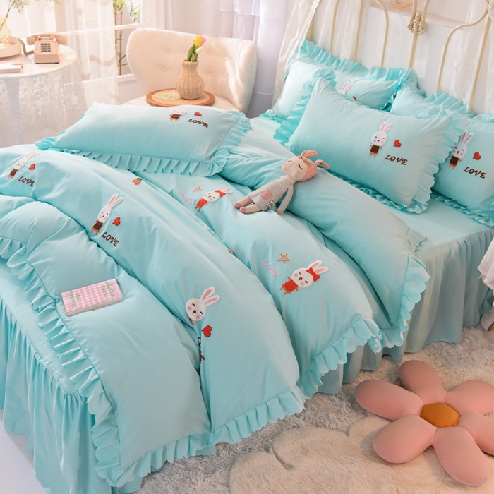 91家纺网 家纺一手货源 找家纺 梦之岛2021新款萌萌兔韩版磨毛蕾丝四件套萌萌兔浅蓝