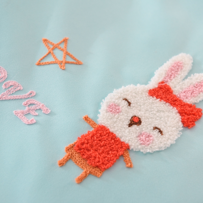 91家纺网 家纺一手货源 找家纺 梦之岛2021新款萌萌兔韩版磨毛蕾丝四件套萌萌兔浅蓝