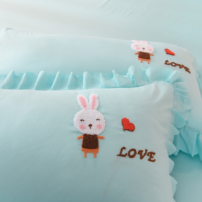 91家纺网 家纺一手货源 找家纺 梦之岛2021新款萌萌兔韩版磨毛蕾丝四件套萌萌兔浅蓝