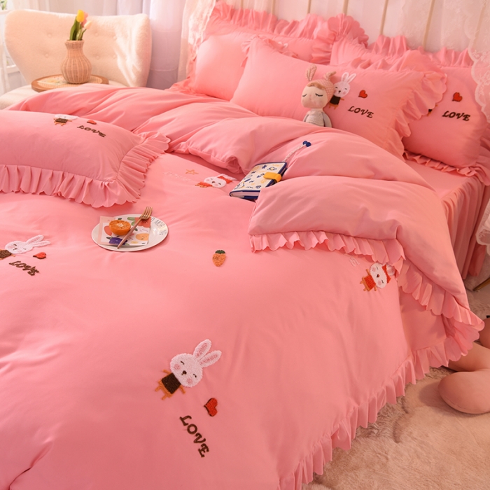 91家纺网 家纺一手货源 找家纺 梦之岛2021新款萌萌兔韩版磨毛蕾丝四件套萌萌兔玉