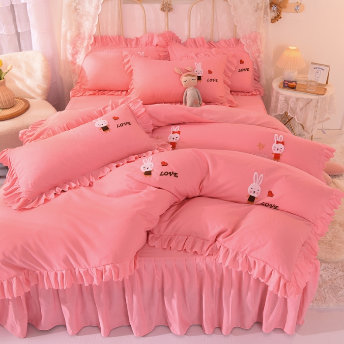 91家纺网 家纺一手货源 找家纺 梦之岛2021新款萌萌兔韩版磨毛蕾丝四件套萌萌兔玉