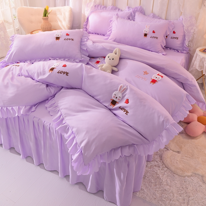 91家纺网 家纺一手货源 找家纺 梦之岛2021新款萌萌兔韩版磨毛蕾丝四件套萌萌兔紫