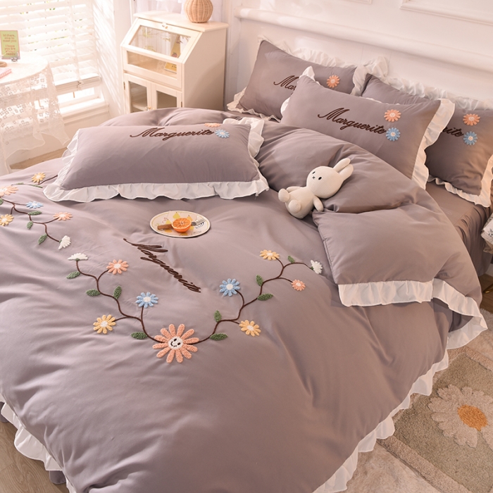 91家纺网 家纺一手货源 找家纺 梦之岛2021新款倾城韩版磨毛蕾丝四件套倾城-高雅灰