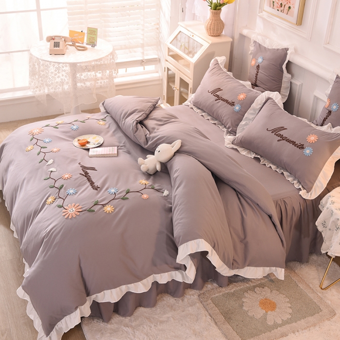 91家纺网 家纺一手货源 找家纺 梦之岛2021新款倾城韩版磨毛蕾丝四件套倾城-高雅灰