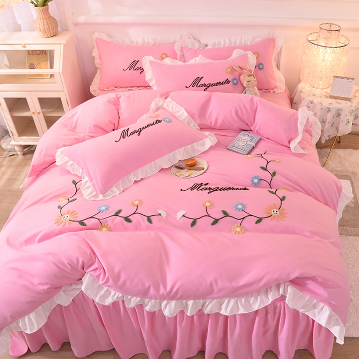 91家纺网 家纺一手货源 找家纺 梦之岛2021新款倾城韩版磨毛蕾丝四件套倾城-公主粉