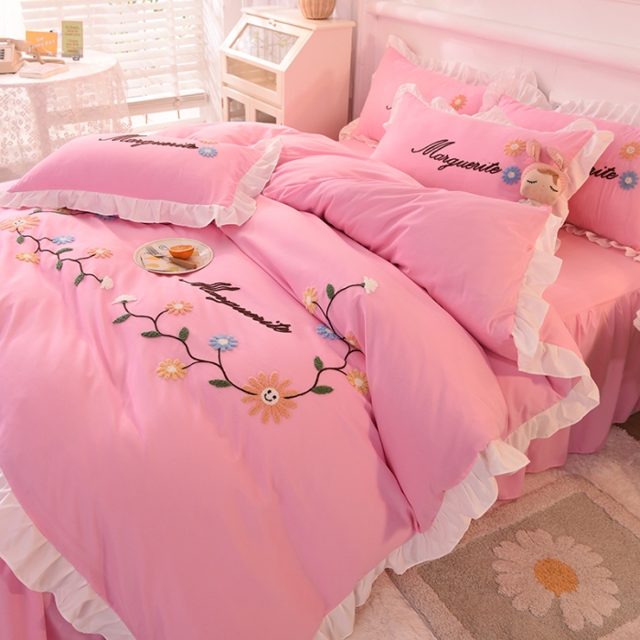 91家纺网 家纺一手货源 找家纺 梦之岛2021新款倾城韩版磨毛蕾丝四件套倾城-公主粉