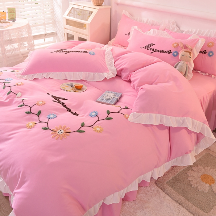 91家纺网 家纺一手货源 找家纺 梦之岛2021新款倾城韩版磨毛蕾丝四件套倾城-公主粉