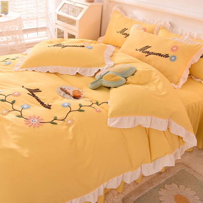 91家纺网 家纺一手货源 找家纺 梦之岛2021新款倾城韩版磨毛蕾丝四件套倾城-柠檬黄