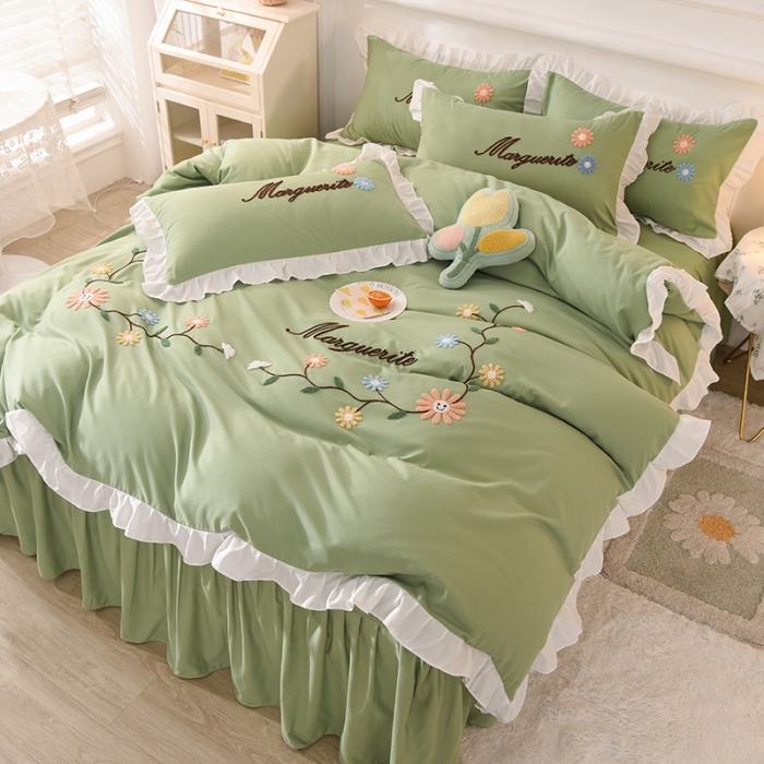 91家纺网 家纺一手货源 找家纺 梦之岛2021新款倾城韩版磨毛蕾丝四件套倾城-苹果绿