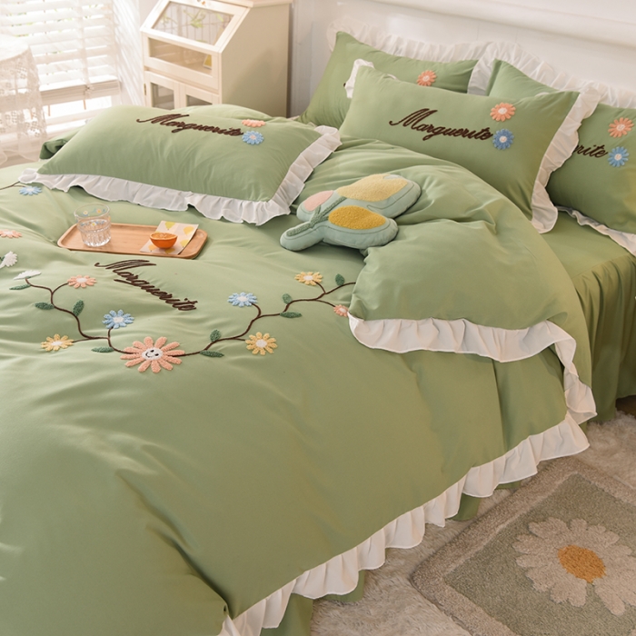 91家纺网 家纺一手货源 找家纺 梦之岛2021新款倾城韩版磨毛蕾丝四件套倾城-苹果绿