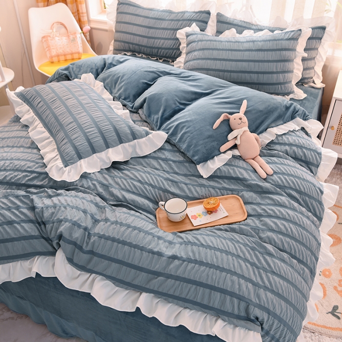 91家纺网 家纺一手货源 找家纺 梦之岛2021新款甜心公主泡泡纱配水晶绒四件套高贵蓝